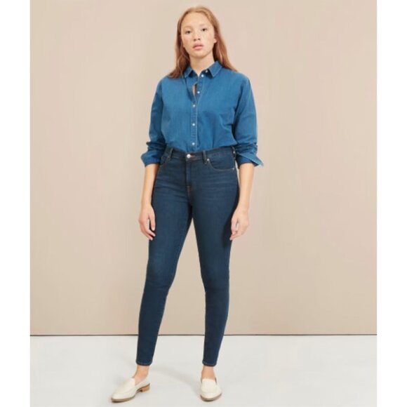 NWT Everlane The Authentic Stretch Mid Rise Skinny Jean Dark Blue Wash‎ 24 Tall - Picture 1 of 10